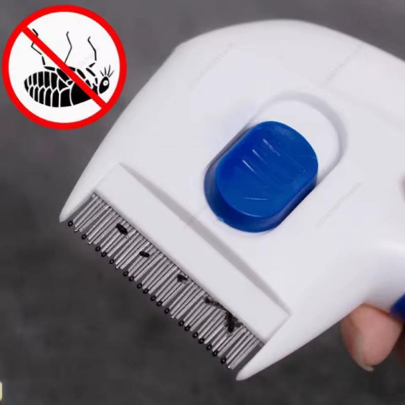 Pet flea comb with blue button and comb teeth, held by a hand on a dark background.