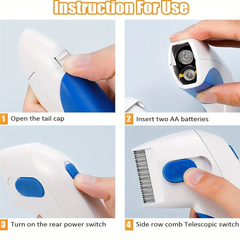 Step-by-step instructions for using a pet flea comb with close-up views of hands performing actions.