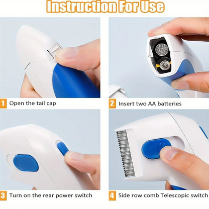 Step-by-step instructions for using a pet flea comb with close-up views of hands performing actions.