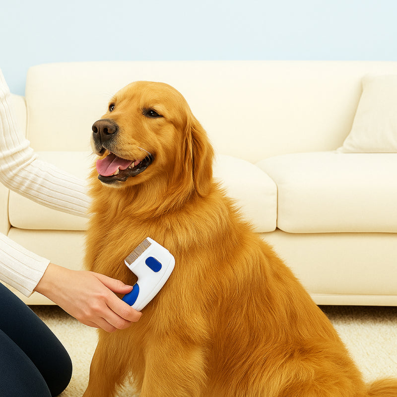 Person grooming a golden retriever with a pet grooming tool on a light-colored couch.
