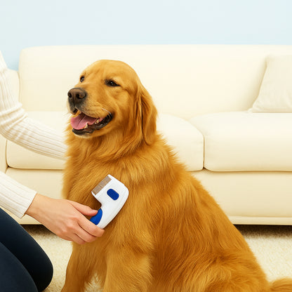 Person grooming a golden retriever with a pet grooming tool on a light-colored couch.