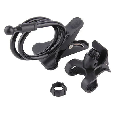 Black fishing reel and line holder on a white background