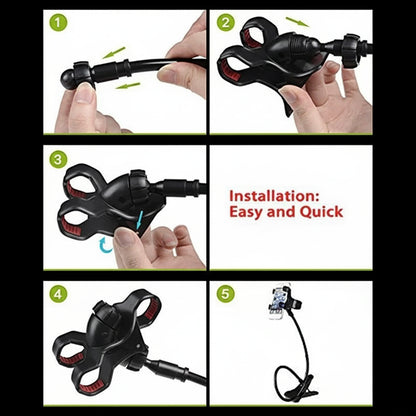 Step-by-step installation guide for a black bike mount with hands demonstrating each step.