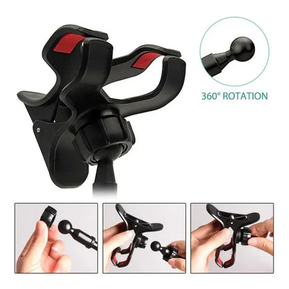 Black and red adjustable phone holder with 360-degree rotation feature on a white background.