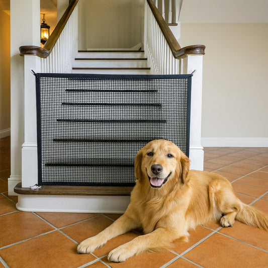 Dog lying on a tiled floor in front of a foldable pet safety gate.