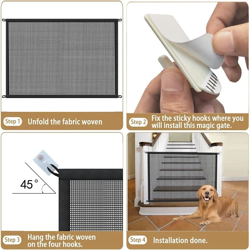 Step-by-step guide on how to install a fabric woven magic gate with sticky hooks.