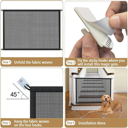 Step-by-step guide on how to install a fabric woven magic gate with sticky hooks.