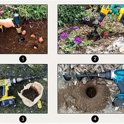 Step-by-step process of using a drill for gardening tasks including planting, digging holes, and preparing soil.
