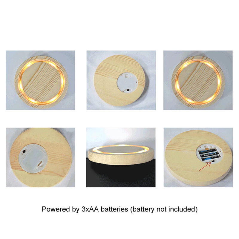 Wooden circular device with glowing center, shown from multiple angles on a white background.