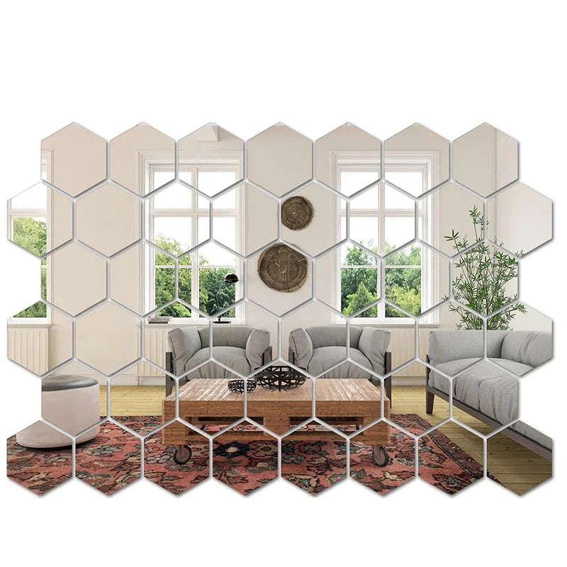 Hexagonal mirror tiles creating a decorative wall in a living room.