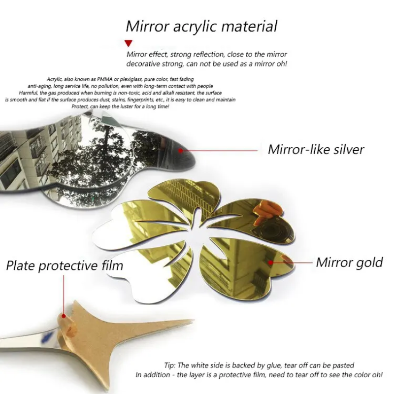 Gold butterfly decorative item with mirror-like finish on a white background, labeled with material details.