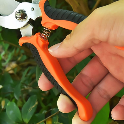 Hand holding orange and black pruning shears with a blurred green background