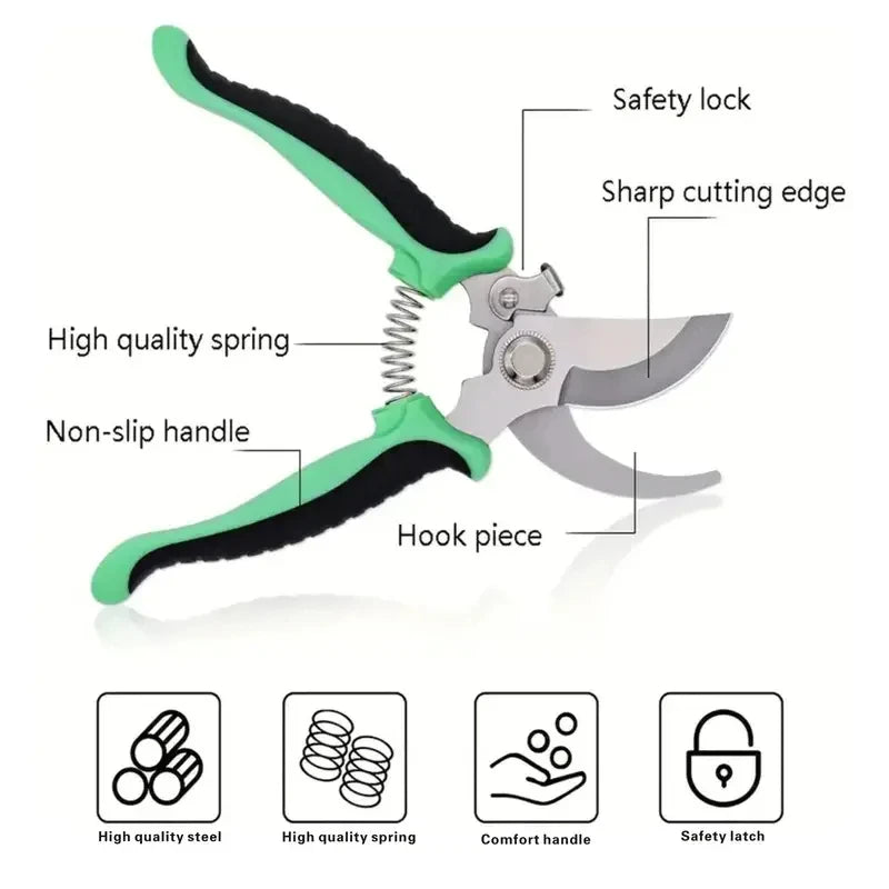 Gardening pruner with labeled features on a white background