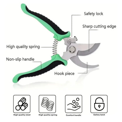 Gardening pruner with labeled features on a white background