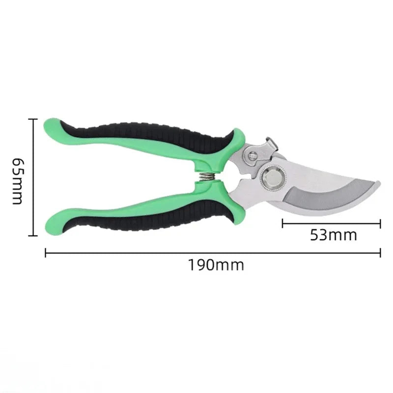 Garden pruner with green handle and measurements on a white background