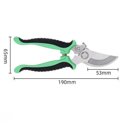 Garden pruner with green handle and measurements on a white background