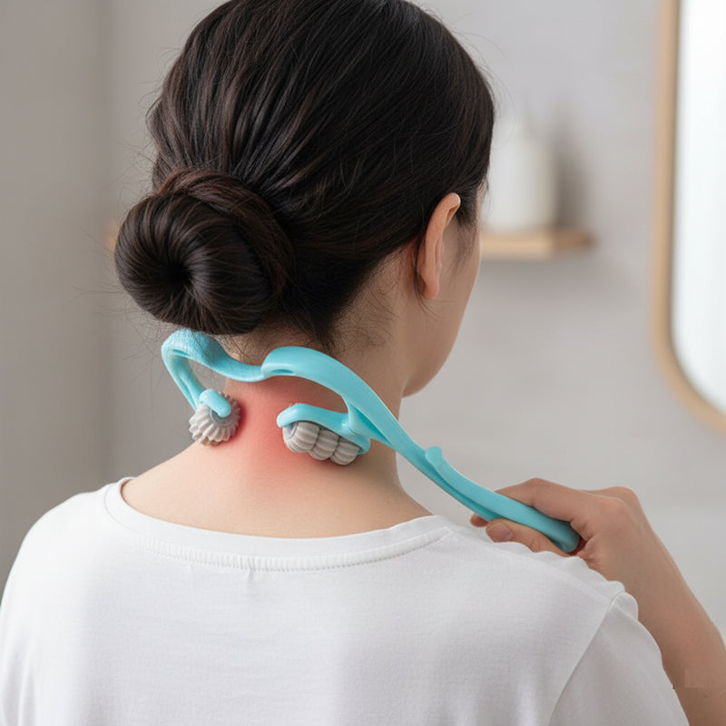 Person using a blue neck and shoulder massager on a neutral background