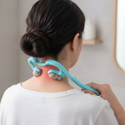 Person using a blue neck and shoulder massager on a neutral background