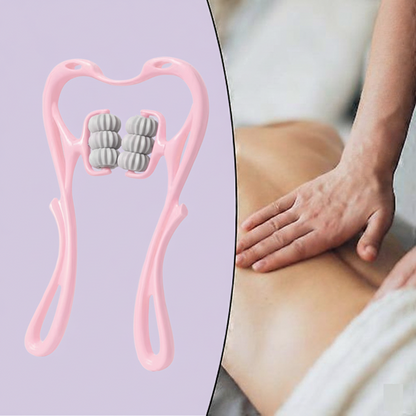 Pink handheld massager with gray roller beads on a purple background, next to a person using it on their leg.