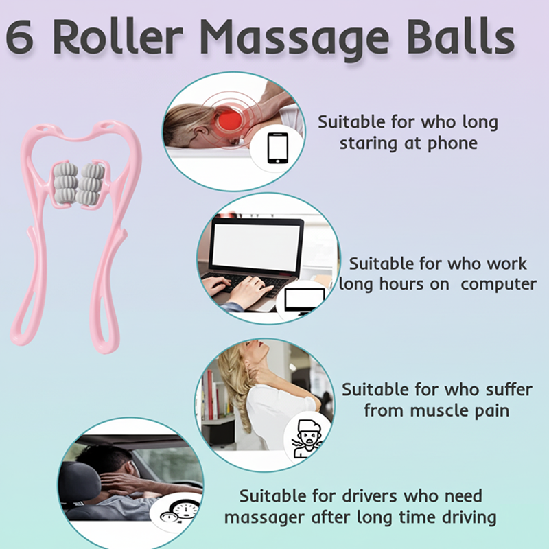 Advertisement for roller massage balls with usage scenarios on a light blue background.