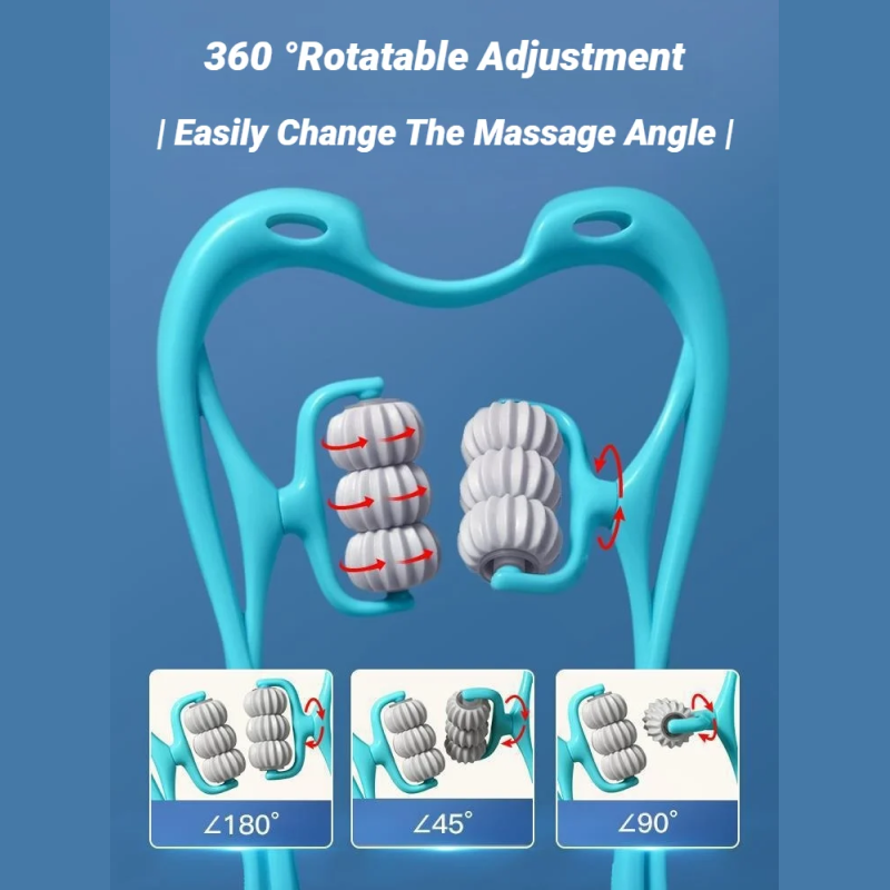 Turquoise massage tool with adjustable roller heads on a blue background