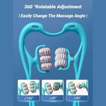Turquoise massage tool with adjustable roller heads on a blue background