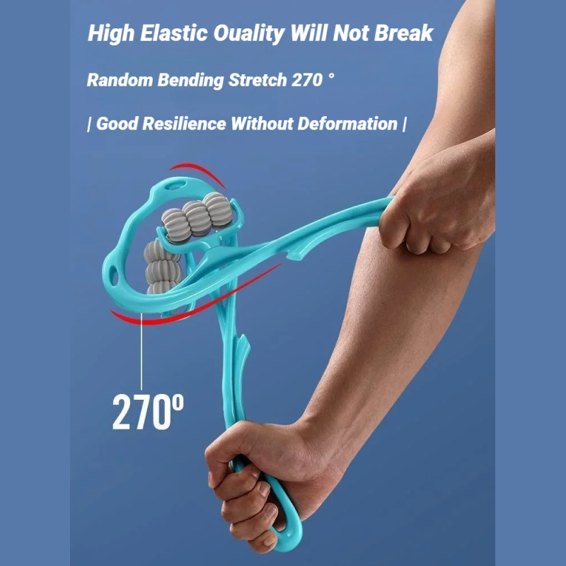 Person using a blue muscle tenser with text highlighting its elasticity and resilience on a blue background