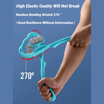 Person using a blue muscle tenser with text highlighting its elasticity and resilience on a blue background
