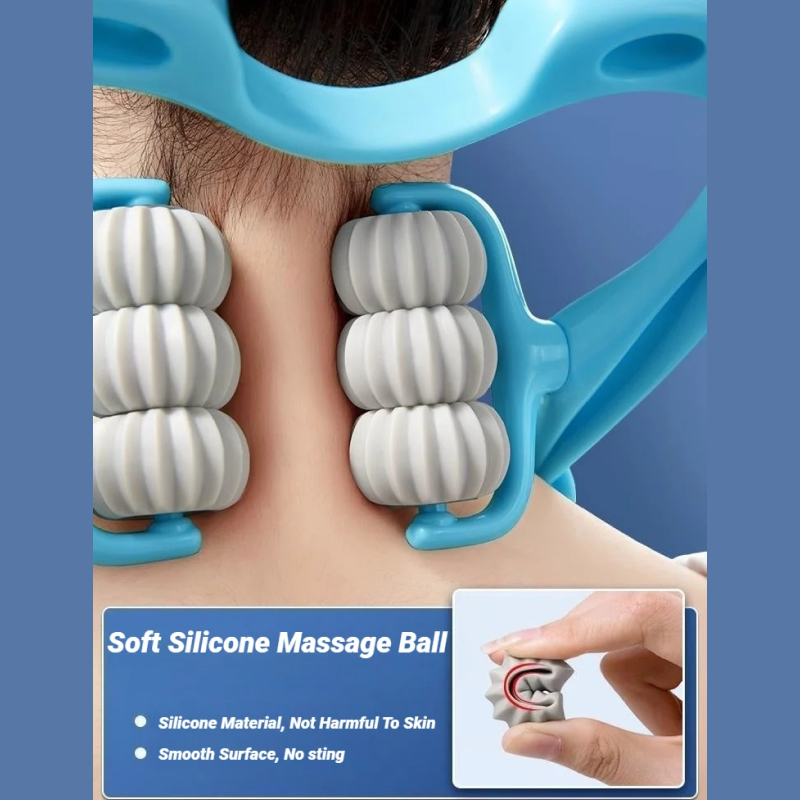 Person using a soft silicone massage ball on their neck with a blue background
