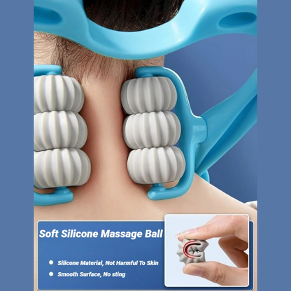 Person using a soft silicone massage ball on their neck with a blue background