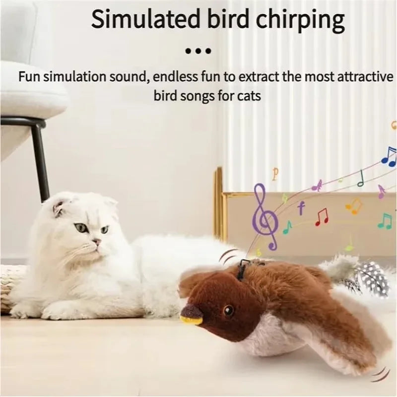 Cat playing with a bird-shaped toy with text about simulated bird chirping.