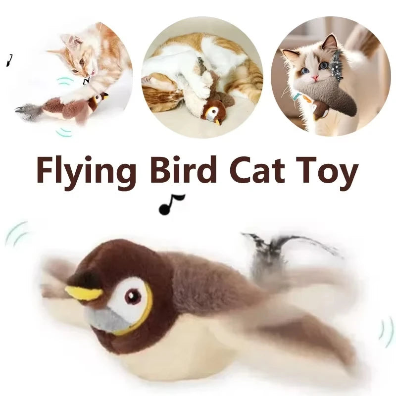 Flying bird cat toy with cats playing with it on a white background