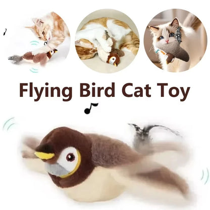 Flying bird cat toy with cats playing with it on a white background