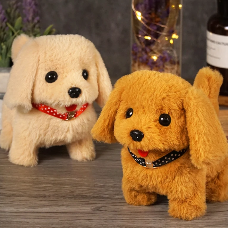 Two plush toy dogs on a wooden surface with a blurred background