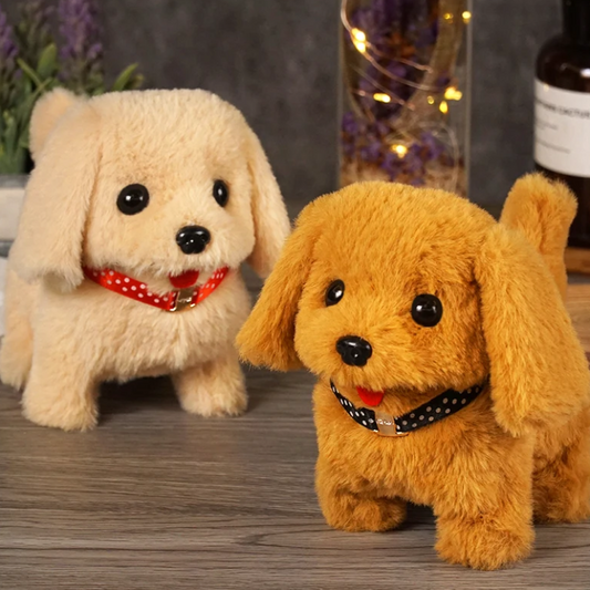 Two plush toy dogs on a wooden surface with a blurred background