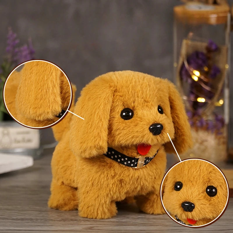 Plush dog toy with detailed close-ups on fur texture and face, set against a blurred indoor background.