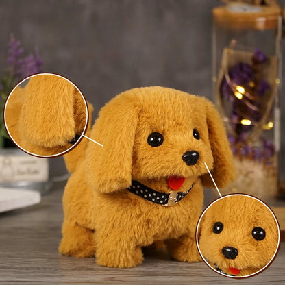 Plush dog toy with detailed close-ups on fur texture and face, set against a blurred indoor background.