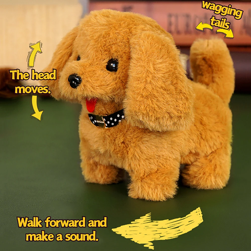 Plush dog toy with moving head and tail on a green surface