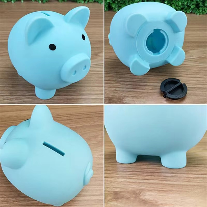 Collage of a blue piggy bank on a wooden surface
