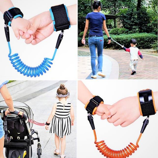 Collage of a child's safety leash being used with different accessories and settings.