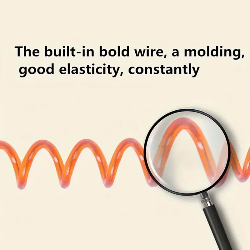 Orange coiled wire with a magnifying glass on a beige background, text about wire properties.