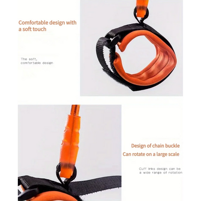 Close-up of a dog leash with chain buckle design on a white background