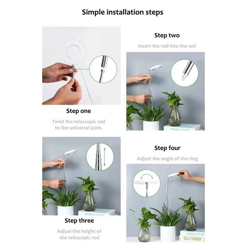 Step-by-step installation guide for a telescopic rod with plants in the background