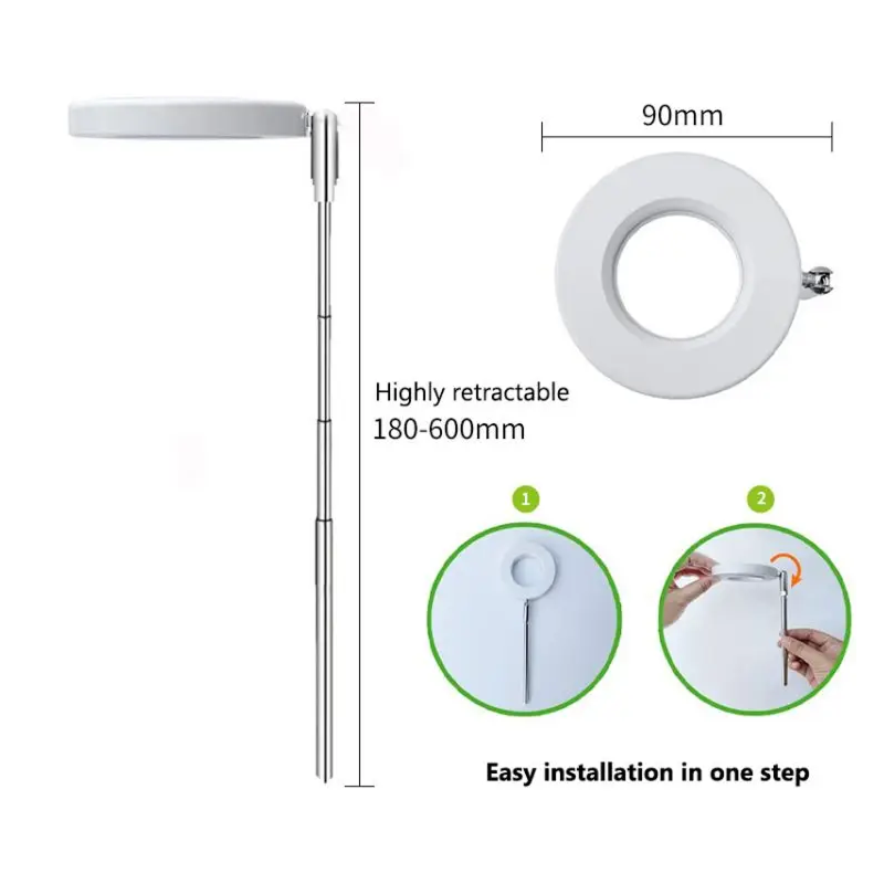 Retractable shower head with dimensions and installation instructions on a white background