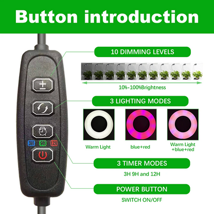 Control panel with buttons and lighting modes for a grow light system, featuring text on dimming levels and timer modes.