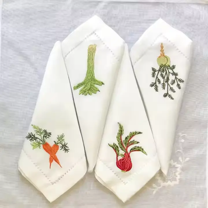 Linen Cotton Embroidered Napkins – Hemstitched Vegetable Design Table Linens for Dining Decor