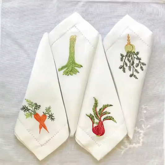 Linen Cotton Embroidered Napkins – Hemstitched Vegetable Design Table Linens for Dining Decor