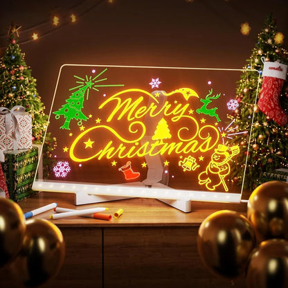 Decorative LED sign with 'Merry Christmas' text in a festive setting with Christmas trees and balloons.