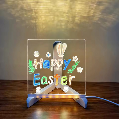 Neon sign with 'Happy Easter' text on a wooden surface