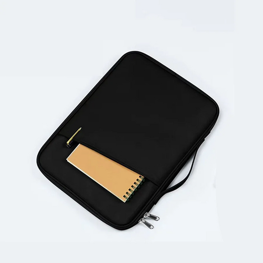 Black zippered laptop bag with a brown notebook inside on a white background